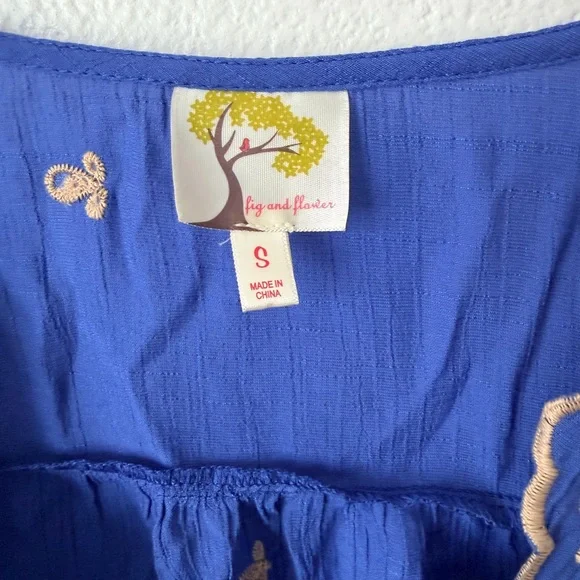 Fig & Flower Blue/Brown Embroidery 3/4 Sleeve Blouse Tunic Top Boho Sz Small - Picture 4 of 10